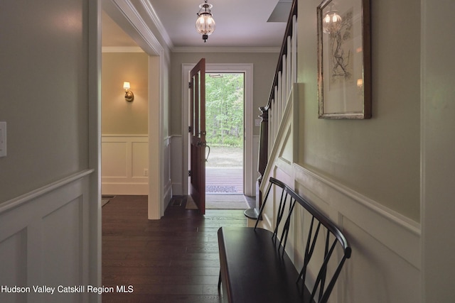367 Cushetunk Dr, Cochecton Center, NY 12727 - entrance foyer featuring dark wood-style flooring, ornamental molding, a decorative wall, and a wainscoted wall