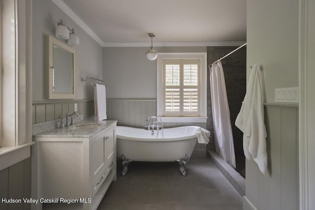 367 Cushetunk Dr, Cochecton Center, NY 12727 - full bath with vanity, a soaking tub, wainscoting, crown molding, and a shower with curtain