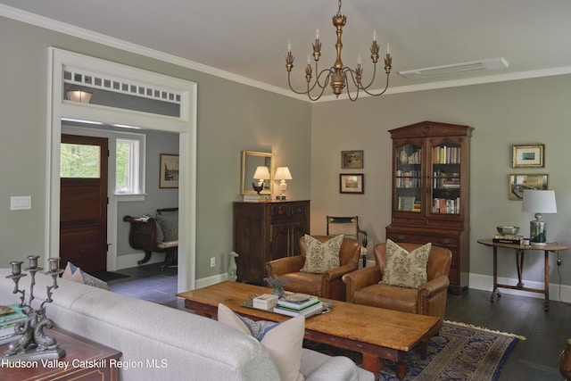 367 Cushetunk Dr, Cochecton Center, NY 12727 - living room featuring a chandelier, ornamental molding, wood finished floors, and baseboards