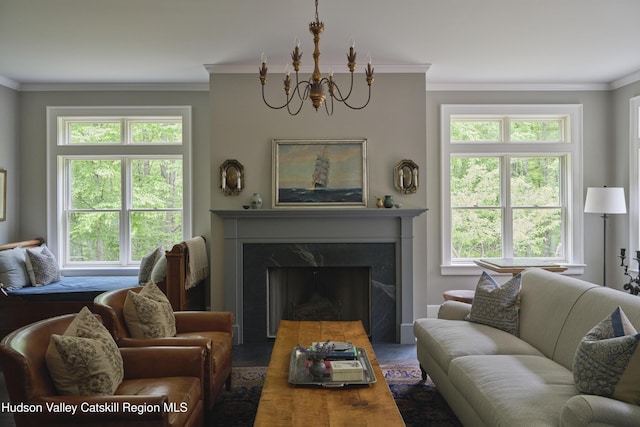 367 Cushetunk Dr, Cochecton Center, NY 12727 - living area with a chandelier, plenty of natural light, ornamental molding, and a fireplace