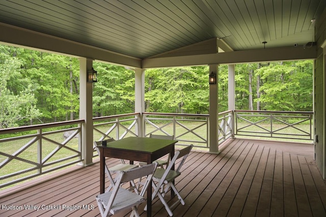 367 Cushetunk Dr, Cochecton Center, NY 12727 - wooden deck with outdoor dining space and a view of trees