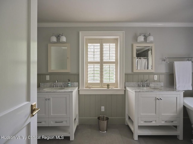 367 Cushetunk Dr, Cochecton Center, NY 12727 - full bath with crown molding, a wainscoted wall, two vanities, and tile patterned floors