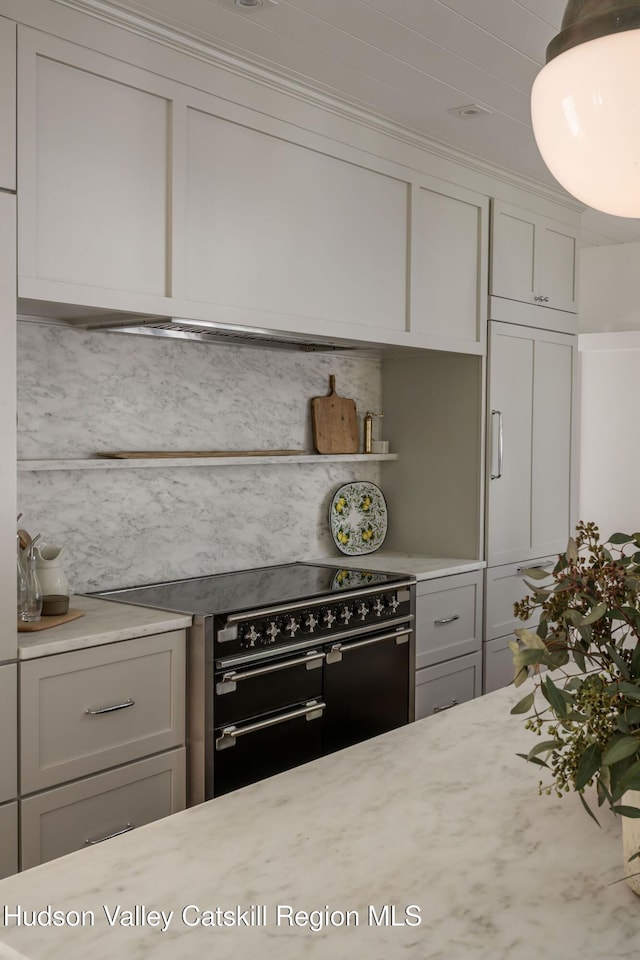 245 Brown Rd, Olivebridge, NY 12461 - kitchen with electric range, open shelves, gray cabinetry, and pendant lighting
