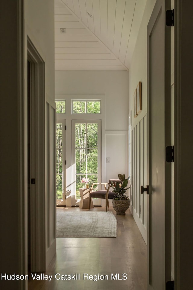 245 Brown Rd, Olivebridge, NY 12461 - doorway to outside featuring wooden ceiling, lofted ceiling, and wood finished floors
