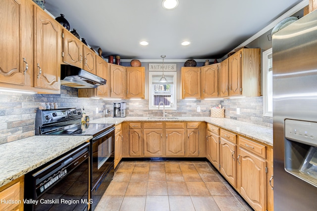 2-6 Old Firehouse Rd, Plattekill, NY 12568 - kitchen featuring black appliances, under cabinet range hood, ornamental molding, light tile patterned floors, and backsplash