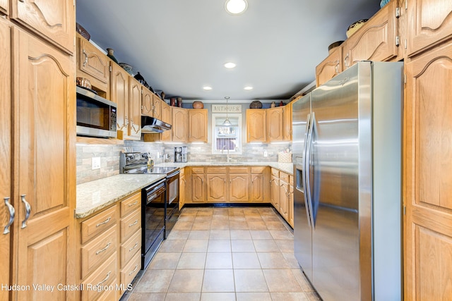 2-6 Old Firehouse Rd, Plattekill, NY 12568 - kitchen with black appliances, under cabinet range hood, tasteful backsplash, light tile patterned floors, and recessed lighting