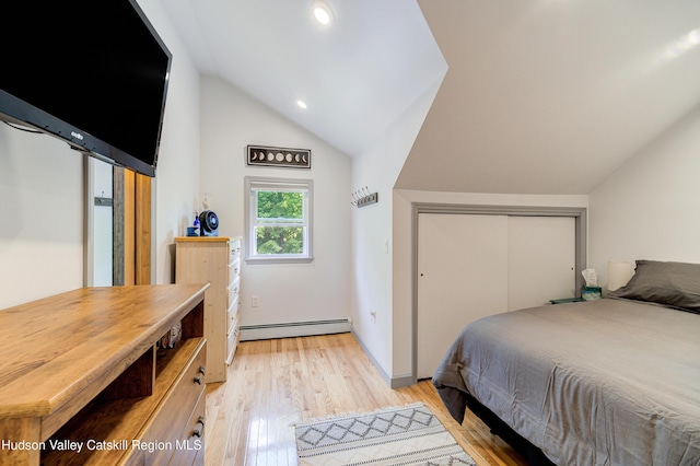2-6 Old Firehouse Rd, Plattekill, NY 12568 - bedroom with lofted ceiling, baseboard heating, light wood-type flooring, a closet, and recessed lighting