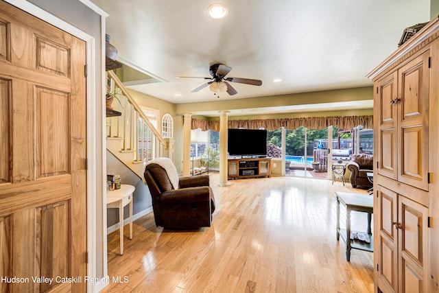2-6 Old Firehouse Rd, Plattekill, NY 12568 - living area with a ceiling fan, light wood-style flooring, ornate columns, recessed lighting, and stairs