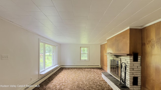 13 Birk St, Acra, NY 12405 - unfurnished living room with a fireplace, ornamental molding, carpet flooring, and a baseboard heating unit