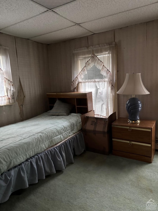 287 Shady Glen Rd, East Durham, NY 12423 - bedroom with light colored carpet, wooden walls, and a drop ceiling