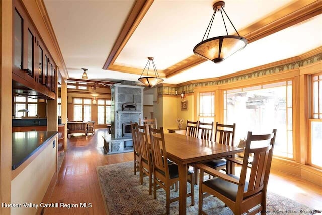 dining area with crown molding, dark wood finished floors, a fireplace, and a raised ceiling