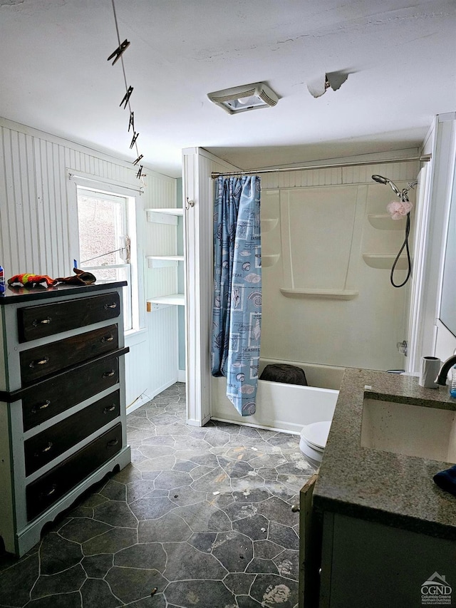 1144 State Route 145, Middleburgh, NY 12122 - full bath featuring stone floors, a shower with shower curtain, a tub, and vanity