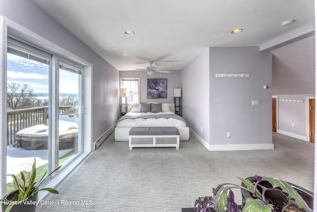 carpeted bedroom featuring access to exterior, recessed lighting, baseboard heating, ceiling fan, and baseboards