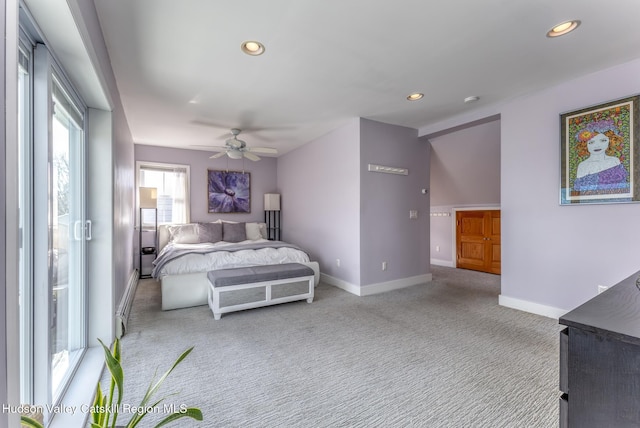 carpeted bedroom with ceiling fan, baseboards, and recessed lighting