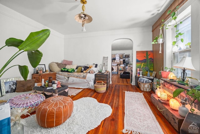 1 Hudson Ave, Chatham, NY 12037 - living room featuring arched walkways and hardwood / wood-style flooring
