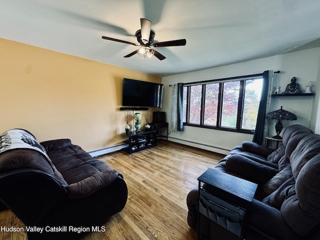 living area featuring light wood-style floors, a baseboard radiator, and ceiling fan