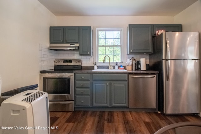 kitchen featuring sink, dark wood-type flooring, gray cabinetry, stainless steel appliances, and tasteful backsplash