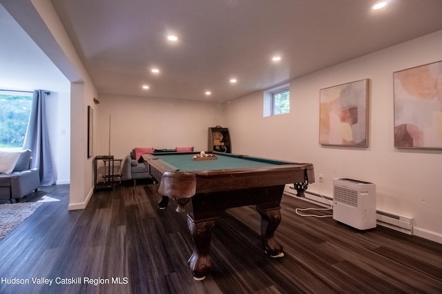 recreation room with dark hardwood / wood-style flooring, pool table, and a baseboard radiator