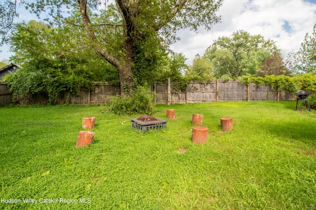 view of yard featuring an outdoor fire pit