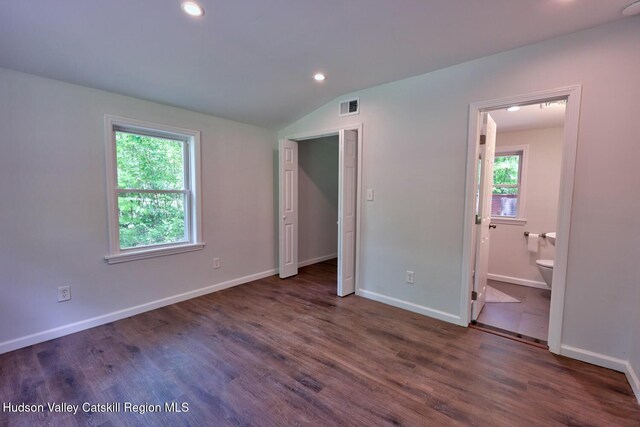 534 Rte 145, Cairo, NY 12413 - unfurnished bedroom featuring recessed lighting, wood finished floors, vaulted ceiling, baseboards, and connected bathroom