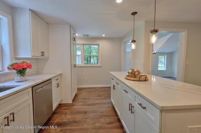 534 Rte 145, Cairo, NY 12413 - kitchen featuring dishwasher, white cabinets, backsplash, recessed lighting, and light stone counters