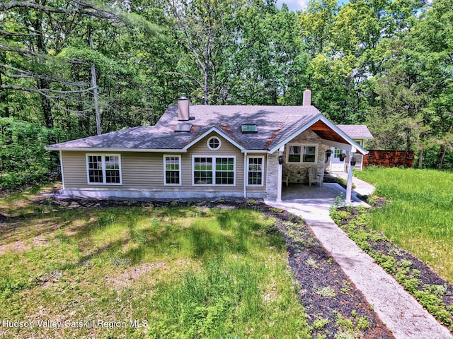 534 Rte 145, Cairo, NY 12413 - ranch-style house featuring a chimney, stone siding, and a patio area