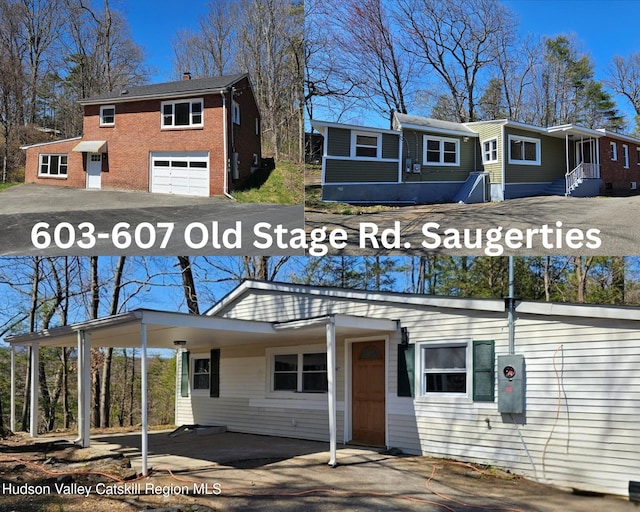 603-607 Old Stage Rd, Saugerties, NY 12477 - exterior space with brick siding, a garage, a chimney, and aphalt driveway