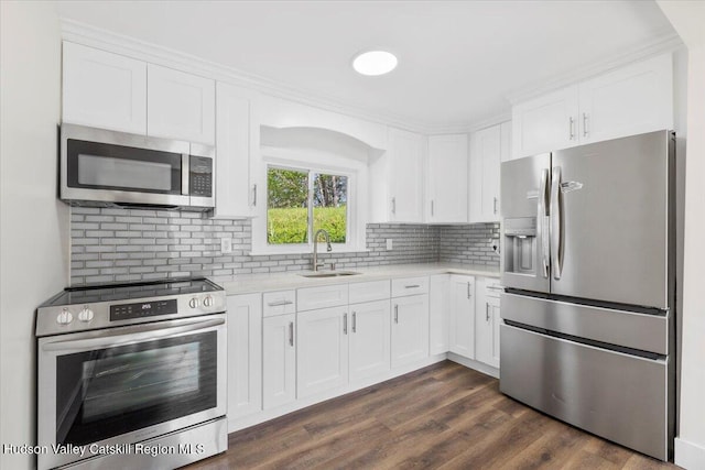603-607 Old Stage Rd, Saugerties, NY 12477 - kitchen featuring white cabinets, a sink, stainless steel appliances, dark wood-type flooring, and backsplash