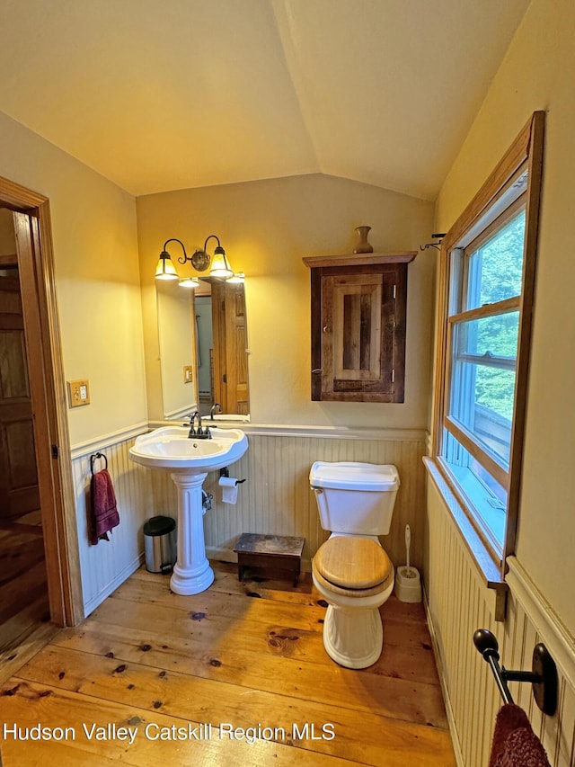 bathroom with hardwood / wood-style floors, lofted ceiling, and toilet