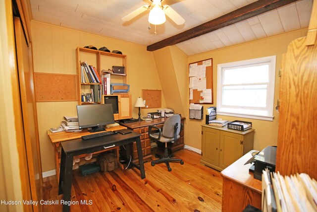 home office with wood walls, ceiling fan, beam ceiling, and light hardwood / wood-style flooring