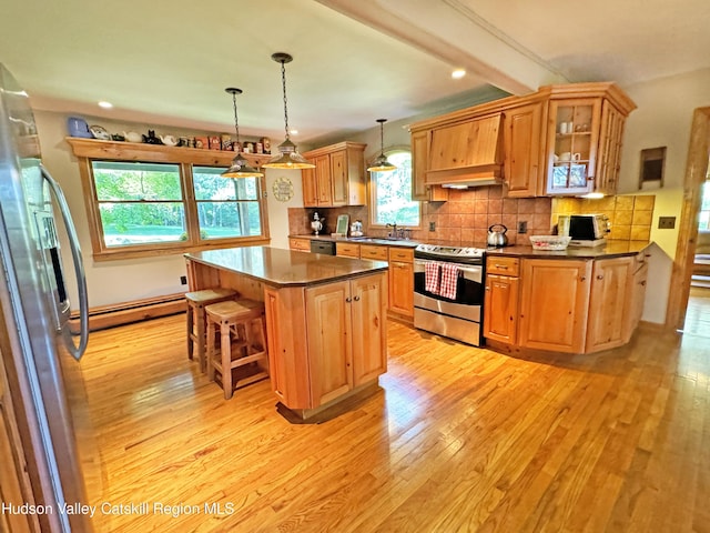 kitchen with sink, a baseboard radiator, light hardwood / wood-style floors, a kitchen island, and appliances with stainless steel finishes