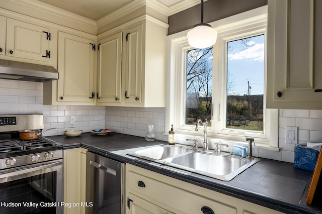 592 County Route 6, High Falls, NY 12440 - kitchen featuring a sink, cream cabinets, under cabinet range hood, stainless steel appliances, and dark countertops