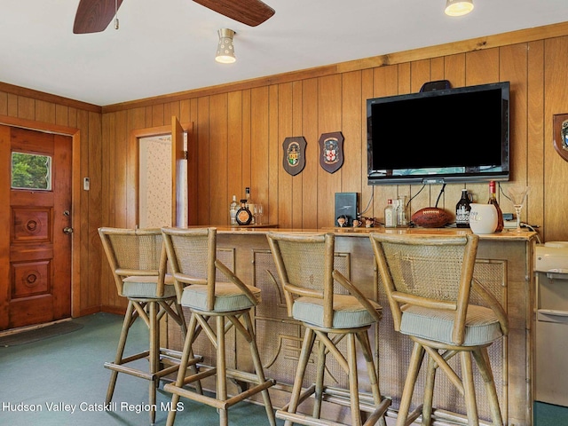 2481 Rte 145, East Durham, NY 12423 - indoor bar with wood walls, ceiling fan, and carpet