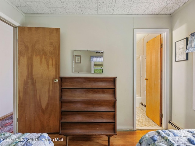 2481 Rte 145, East Durham, NY 12423 - bedroom featuring wood finished floors, a baseboard radiator, and ornamental molding