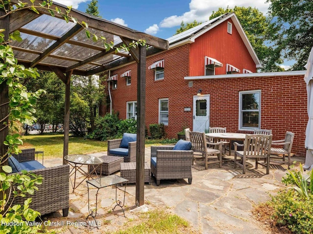 2481 Rte 145, East Durham, NY 12423 - view of patio / terrace with a pergola, an outdoor living space, and outdoor dining space