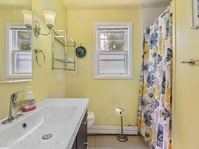 2481 Rte 145, East Durham, NY 12423 - full bathroom with a baseboard heating unit, tile patterned floors, vanity, and curtained shower