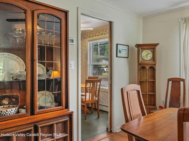 2481 Rte 145, East Durham, NY 12423 - dining room featuring ornamental molding, wood finished floors, and a baseboard radiator