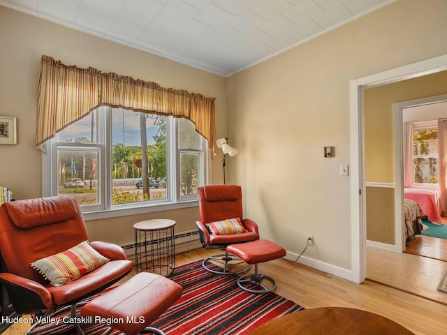 2481 Rte 145, East Durham, NY 12423 - sitting room with baseboard heating, wood finished floors, and crown molding