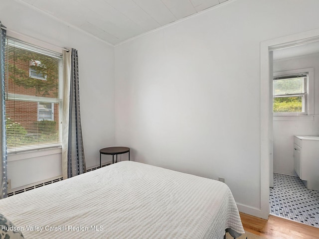 2481 Rte 145, East Durham, NY 12423 - bedroom with light wood-type flooring, a baseboard heating unit, and ornamental molding