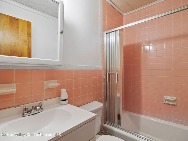 2481 Rte 145, East Durham, NY 12423 - full bathroom with vanity, shower / bath combination with glass door, and tile walls