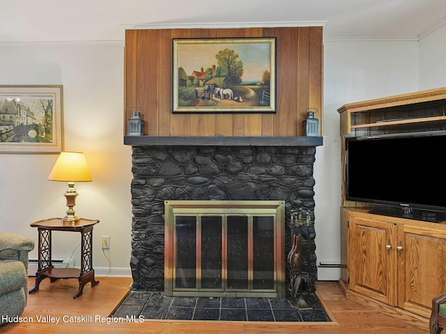 2481 Rte 145, East Durham, NY 12423 - detailed view of a fireplace, ornamental molding, a baseboard heating unit, baseboard heating, and wood finished floors