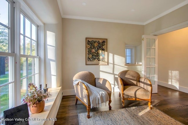 sitting room with dark hardwood / wood-style flooring and ornamental molding