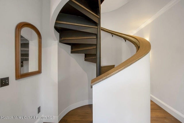 stairway featuring hardwood / wood-style floors and ornamental molding