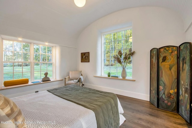 bedroom featuring lofted ceiling, baseboards, and wood finished floors