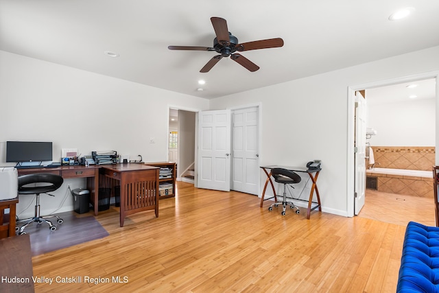 220 John Joy Rd, Woodstock, NY 12498 - office space featuring light wood-type flooring, a ceiling fan, recessed lighting, and baseboards