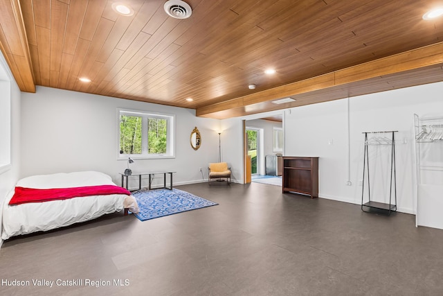 220 John Joy Rd, Woodstock, NY 12498 - bedroom featuring multiple windows, recessed lighting, wood ceiling, concrete floors, and baseboards