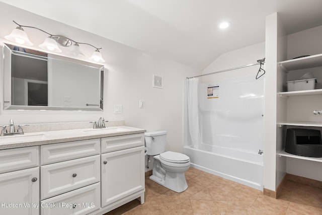 220 John Joy Rd, Woodstock, NY 12498 - bathroom with vaulted ceiling, toilet, double vanity, shower / bath combo, and tile patterned floors