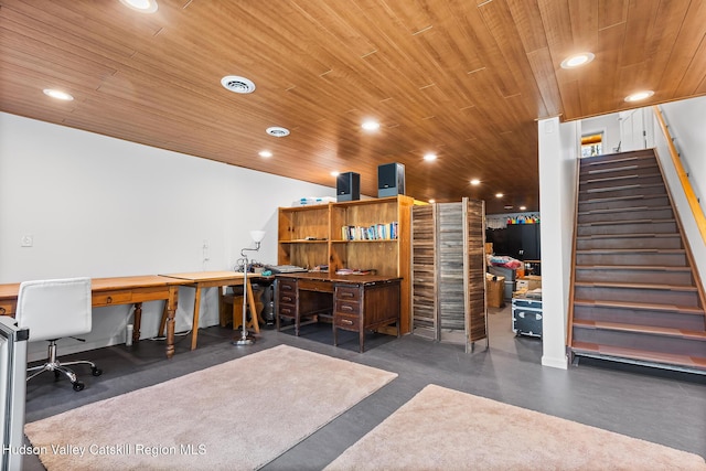220 John Joy Rd, Woodstock, NY 12498 - office with wood ceiling, recessed lighting, and concrete floors