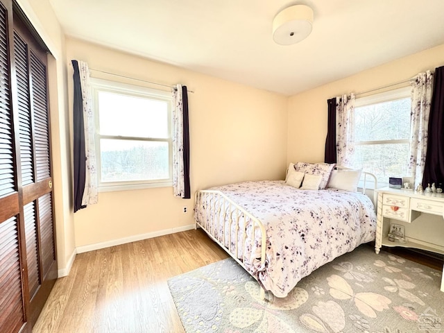 bedroom featuring wood finished floors, multiple windows, baseboards, and a closet