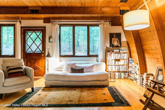 51 Mountain Valley Rd, Boiceville, NY 12412 - sitting room featuring hardwood / wood-style flooring and wood ceiling with exposed beams